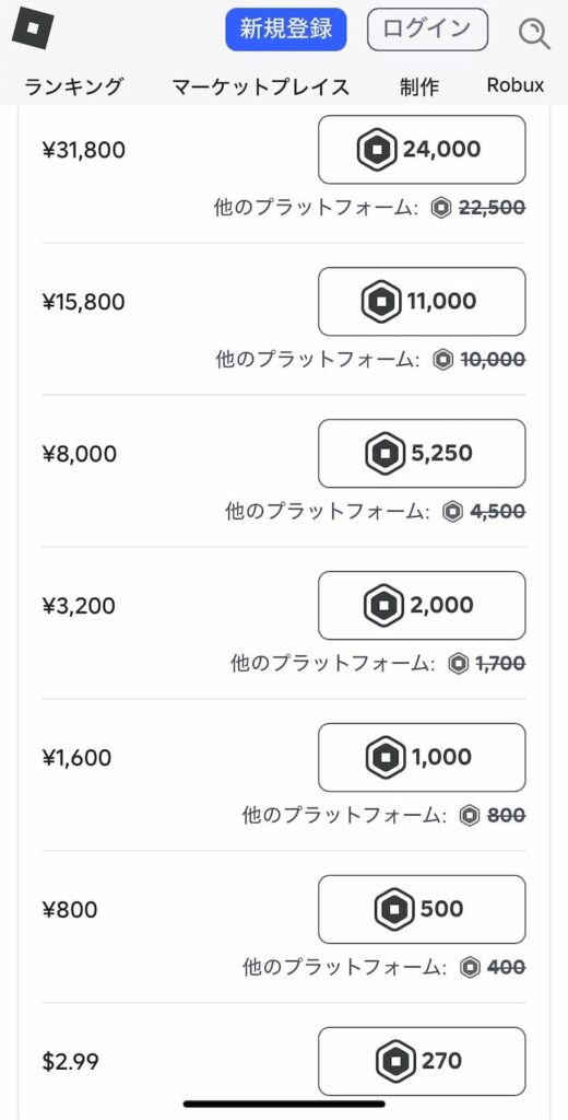 ロバックスの価格一覧